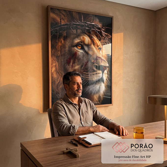 Quadro Decorativo Poderoso Leão da Fé em escritorio moderno - quadros decorativos para sala