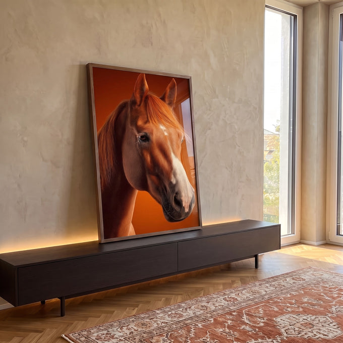 Quadro Decorativo Cavalo em Cores Vibrantes em ambiente decorado - quadros decorativos para sala