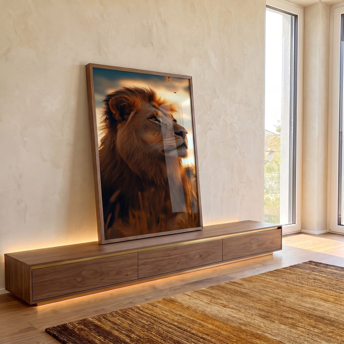 Quadro Decorativo O olhar Profundo do Leão em ambiente decorado - quadros decorativos para sala