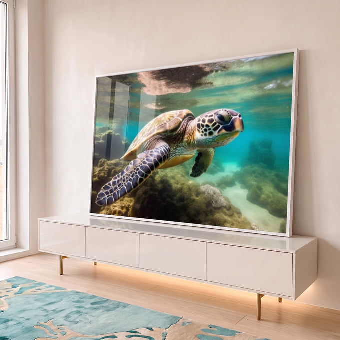 Quadro Decorativo Tartaruga Marinha: Beleza Subaquática em ambiente decorado - quadros decorativos para sala