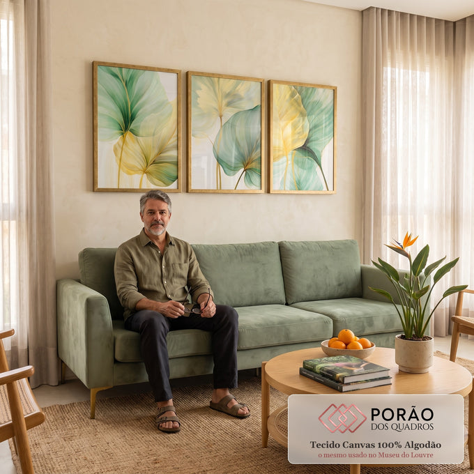Quadro Decorativo Trio Moderno: Folhagem Dourada e Verde para Ambientes Sofisticados em sala de estar moderna - quadros decorativos para sala