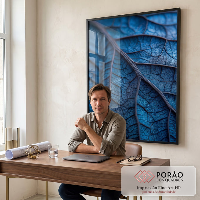 Quadro Decorativo Folhas Azuis Serenity em escritorio moderno - quadros decorativos para sala