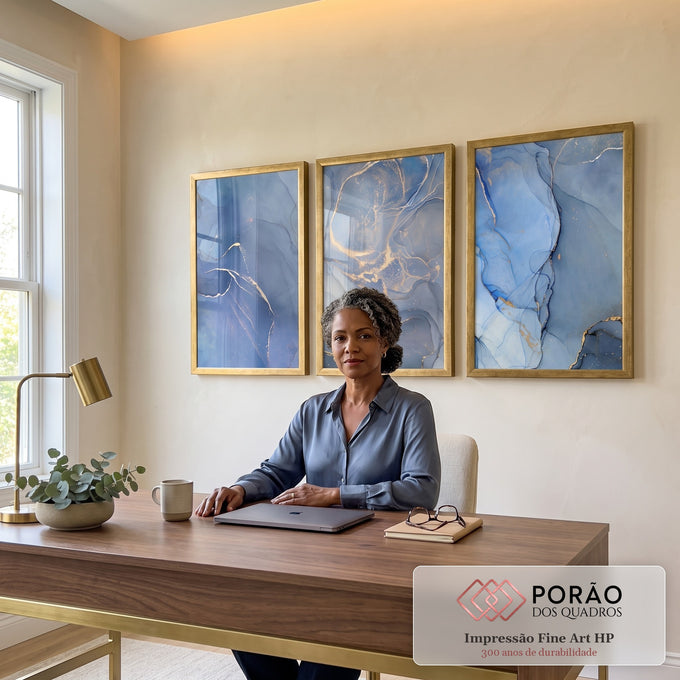 Quadro Decorativo: Oceano de Luxo em Azul e Ouro em escritorio moderno - quadros decorativos para sala