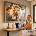 Quadro Decorativo Premium: Leão Quebrando Parede em Aura Dourada em escritorio moderno - quadros decorativos para sala