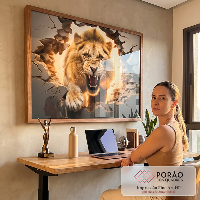 Quadro Decorativo Premium: Leão Quebrando Parede em Aura Dourada em escritorio moderno - quadros decorativos para sala