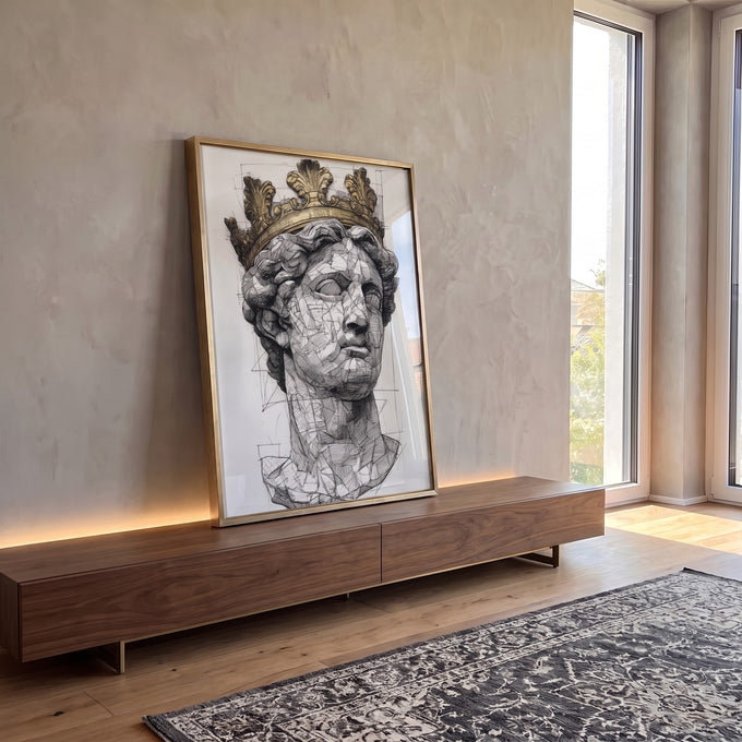 Quadro Decorativo Busto Clássico com Coroa Dourada em ambiente decorado - quadros decorativos para sala