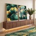 Quadro Decorativo Folhas de Ginkgo em Verde e Dourado em ambiente decorado - quadros decorativos para sala