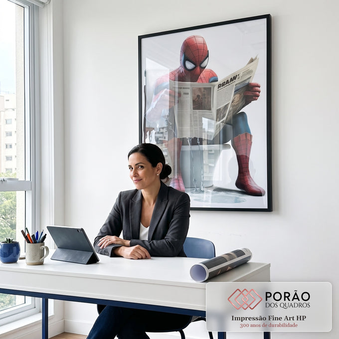 Quadro Decorativo Inusitado: Homem Aranha em Pausa em escritorio moderno - quadros decorativos para sala