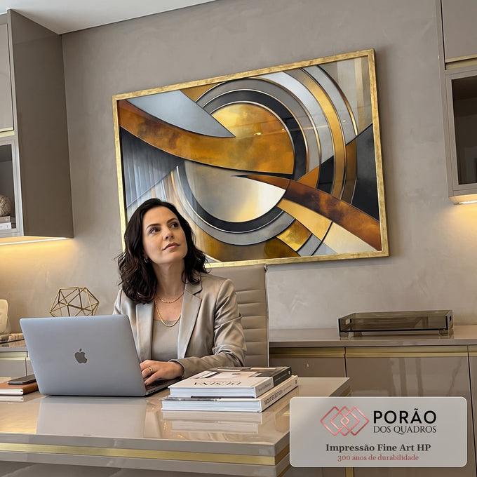 Quadro Decorativo Abstrato Luxuoso com Dourado e Preto em escritorio moderno - quadros decorativos para sala