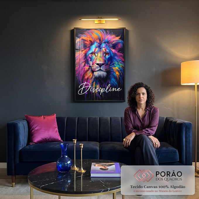 Quadro Decorativo Leão Disciplina em sala de estar moderna - quadros decorativos para sala