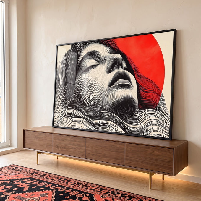 Quadro Decorativo Mulher Abstrato em Tons Alaranjados em ambiente decorado - quadros decorativos para sala