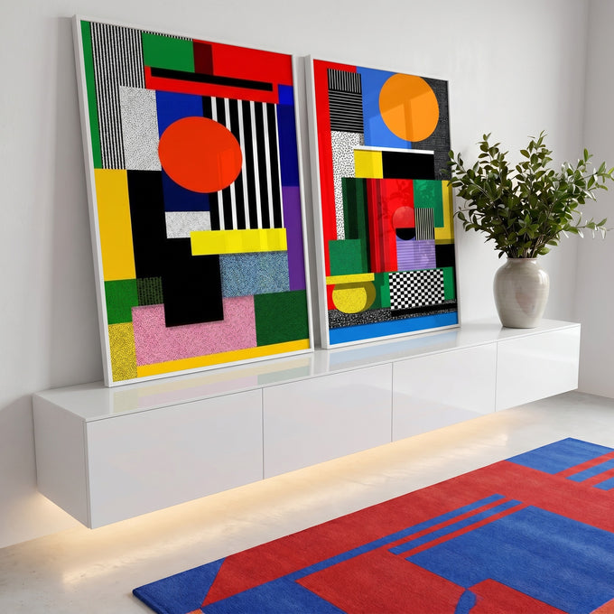 Quadro Decorativo Abstrato Geométrico Vibrante em ambiente decorado - quadros decorativos para sala