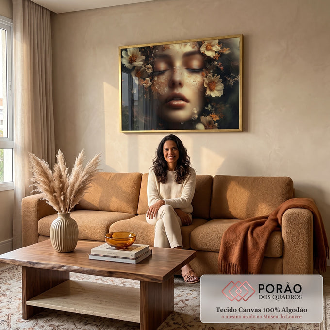 Quadro Decorativo A Beleza da Mulher sobre as Flores em sala de estar moderna - quadros decorativos para sala