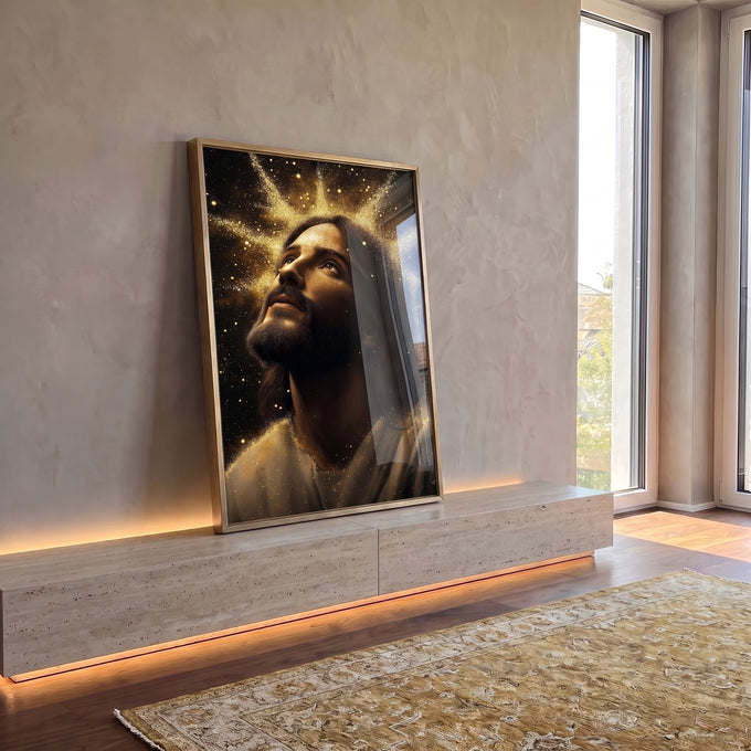 Quadro Decorativo O Olhar de Esperança Jesus em Inspiração e Fé em ambiente decorado - quadros decorativos para sala