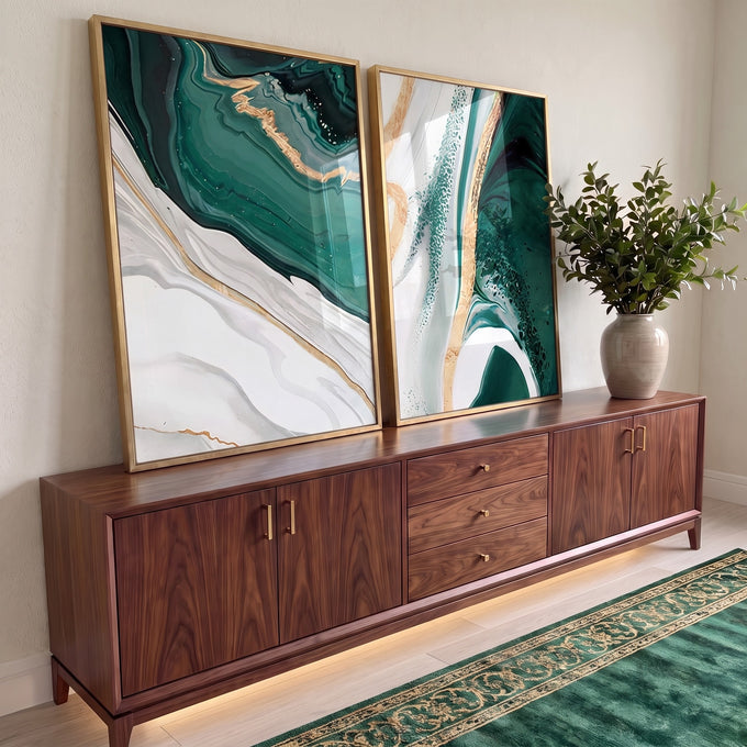 Quadro Decorativo Luxo em Mármore: Esmeralda e Dourado em ambiente decorado - quadros decorativos para sala