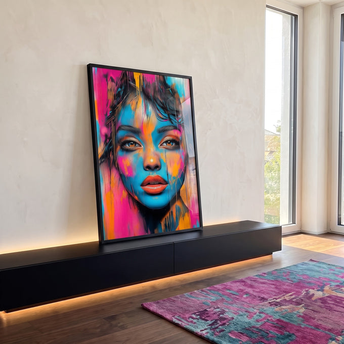 Quadro Decorativo Mulher Abstrata Encanto em Tons Vibrantes em ambiente decorado - quadros decorativos para sala