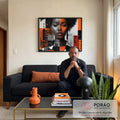 Quadro Decorativo Mulher Abstrato Laranja em sala de estar moderna - quadros decorativos para sala