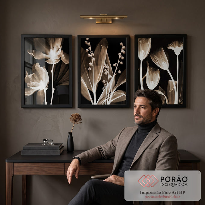 Quadro Decorativo Flores Monocromáticas: Elegância e Harmonia em escritorio moderno - quadros decorativos para sala