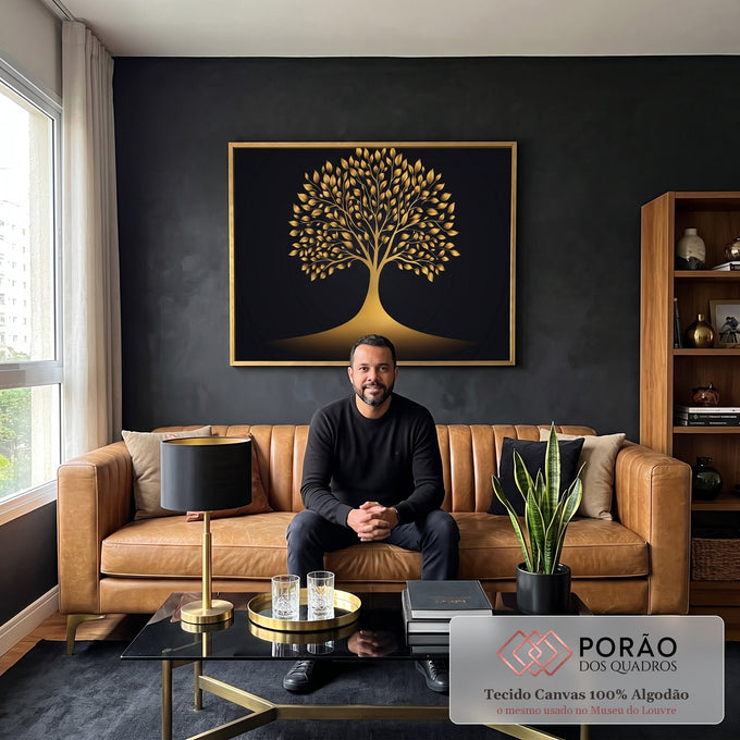 Quadro Decorativo Árvore da Vida em Dourado  Beleza e Simbologia em sala de estar moderna - quadros decorativos para sala