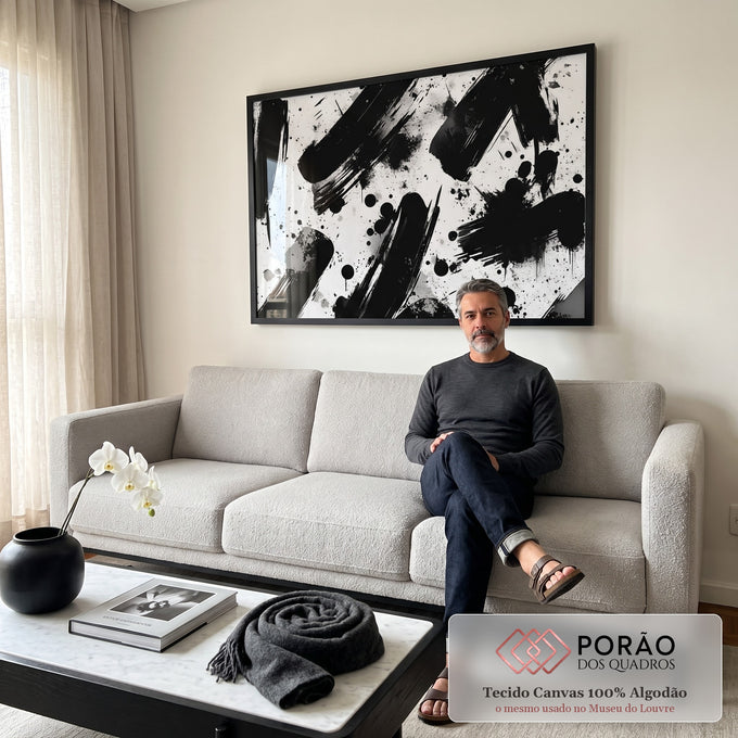 Quadro Decorativo Pinceladas em preto e branco em sala de estar moderna - quadros decorativos para sala