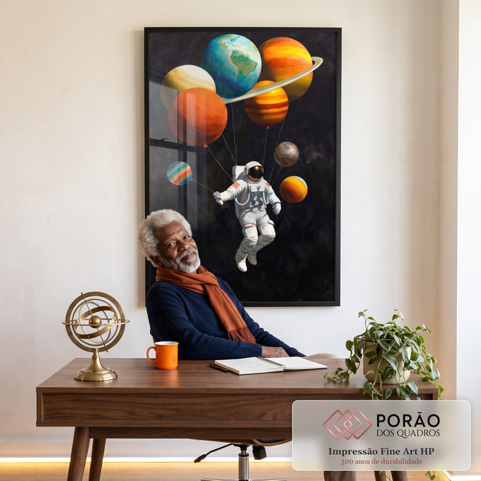 Quadro Decorativo Astronauta com Sistema Solar: Arte Espacial em Canvas em escritorio moderno - quadros decorativos para sala