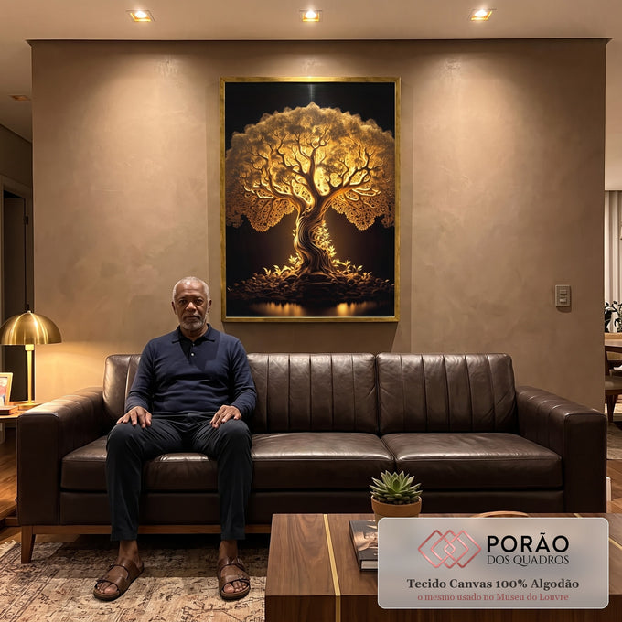 Quadro Decorativo Raízes de Ouro: Luxo e Tradição em sala de estar moderna - quadros decorativos para sala