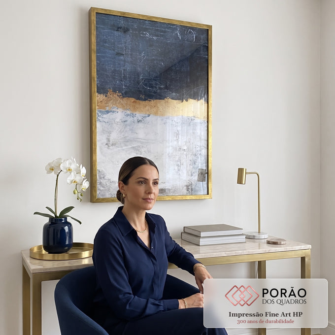 Quadro Decorativo Abstração em Azul e Dourado: Sua Casa com Alma em escritorio moderno - quadros decorativos para sala