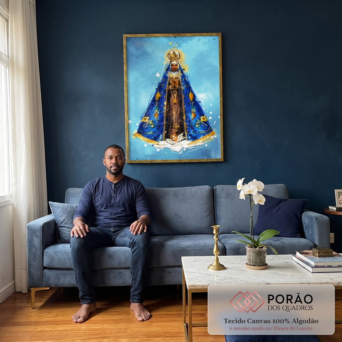 Quadro Decorativo Nossa Senhora da Aparecida em sala de estar moderna - quadros decorativos para sala
