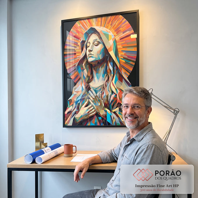 Quadro Decorativo Virgem Maria em Abstração: Inspiração Divina em escritorio moderno - quadros decorativos para sala