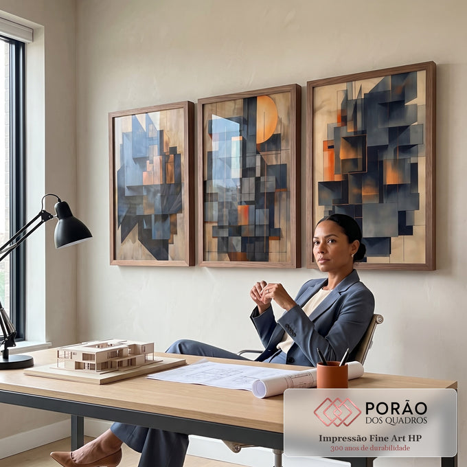 Quadro Decorativo Abstrato Moderno em Formas Geométricas em escritorio moderno - quadros decorativos para sala
