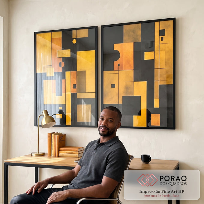 Quadro Decorativo Geométrico Preto e Amarelo em escritorio moderno - quadros decorativos para sala