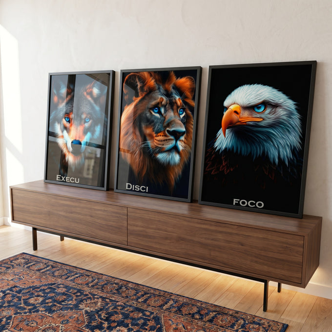 Quadro Decorativo Trio Inspirador Execução, Foco e Disciplina em ambiente decorado - quadros decorativos para sala