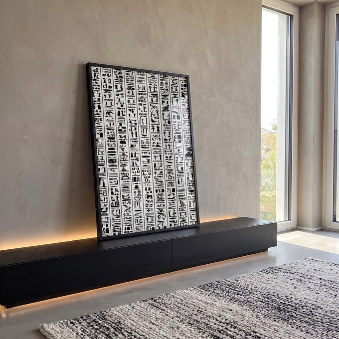 Quadro Decorativo Hieróglifos Modernos em ambiente decorado - quadros decorativos para sala