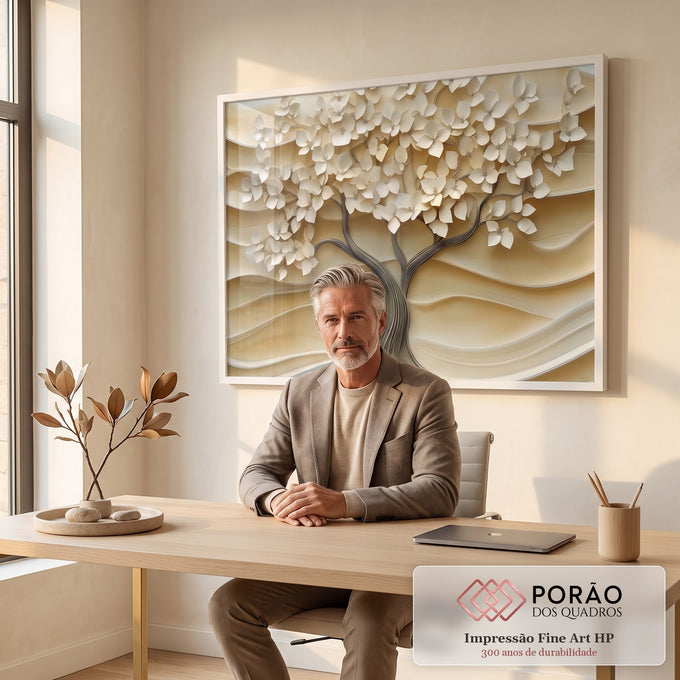 Quadro Decorativo Árvore da Vida Pétalas Brancas para Inspiração e Beleza em escritorio moderno - quadros decorativos para sala