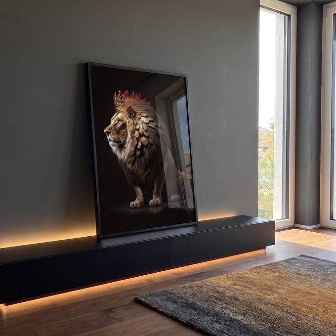 Quadro Decorativo Majestoso Leão com Coroa - Estilo e Sofisticação para sua Decoração em ambiente decorado - quadros decorativos para sala