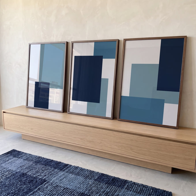 Quadro Decorativo: Harmonia Azul e Cinza, Inspira Modernidade em ambiente decorado - quadros decorativos para sala