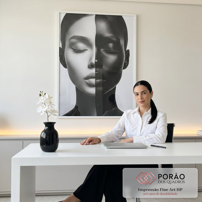 Quadro Decorativo Minimalista Feminino em Preto e Branco em escritorio moderno - quadros decorativos para sala