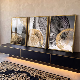 Quadro Decorativo Elegância Abstrata: Luxo em Preto e Ouro em ambiente decorado - quadros decorativos para sala