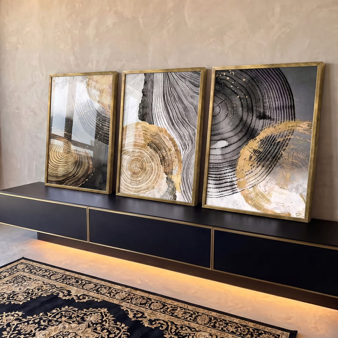 Quadro Decorativo Elegância Abstrata: Luxo em Preto e Ouro em ambiente decorado - quadros decorativos para sala