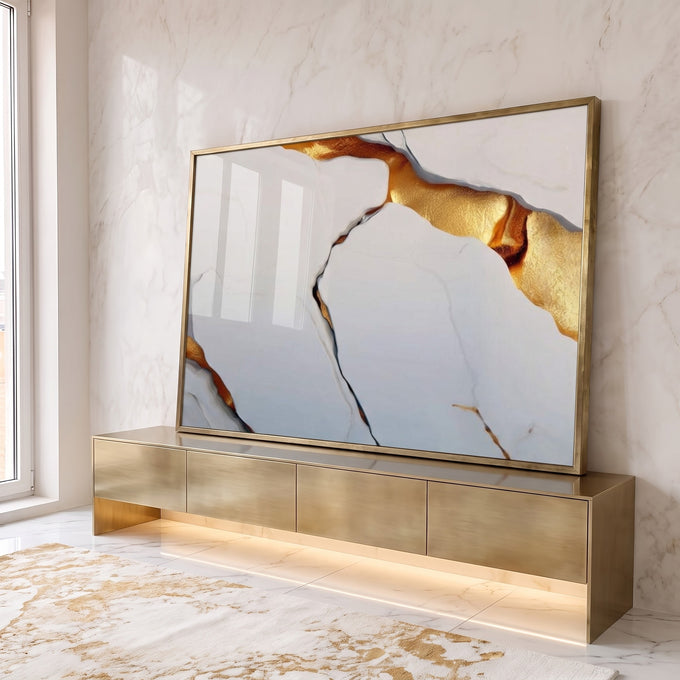 Quadro Decorativo Elegância Abstrata em Dourado em ambiente decorado - quadros decorativos para sala
