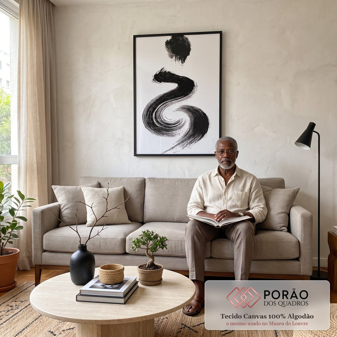 Quadro Decorativo Pincelada em Preto e Branco em sala de estar moderna - quadros decorativos para sala
