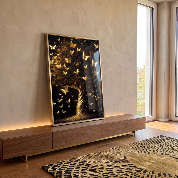 Quadro Decorativo Árvore Elegante em Dourado em ambiente decorado - quadros decorativos para sala