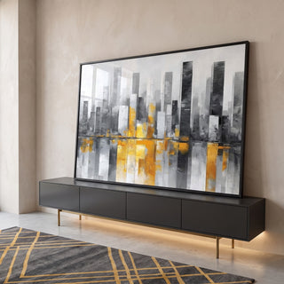 Quadro Decorativo Urbano Cinza e Amarelo em ambiente decorado - quadros decorativos para sala