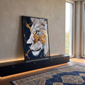 Quadro Decorativo Leão Dourado Majestoso em ambiente decorado - quadros decorativos para sala