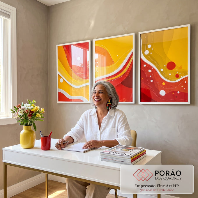 Quadro Decorativo Alegria em Três Painéis em escritorio moderno - quadros decorativos para sala
