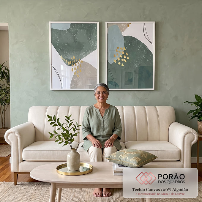 Quadro Decorativo Abstração Ouro Verde: Toque Único em sala de estar moderna - quadros decorativos para sala