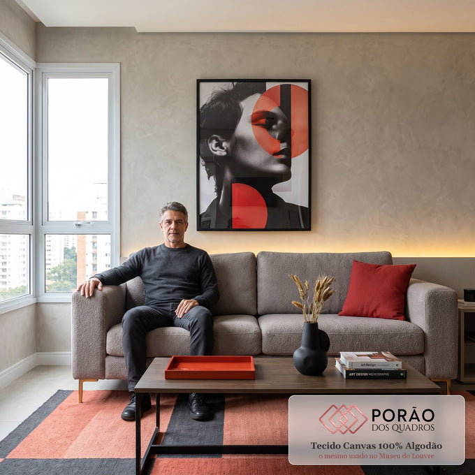 Quadro Decorativo Retrato - Contrastando Formas e Cores em sala de estar moderna - quadros decorativos para sala