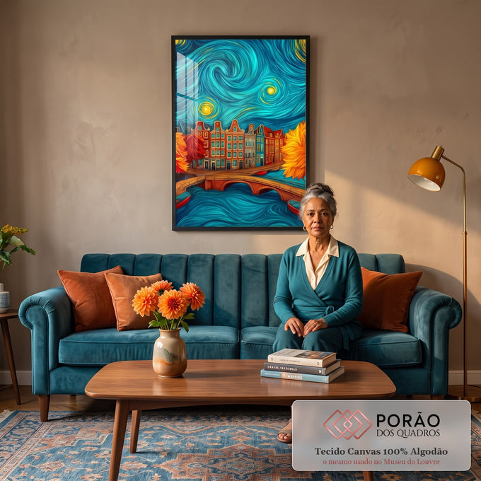 Quadro Decorativo Cidade Sob o Céu Noturno em sala de estar moderna - quadros decorativos para sala