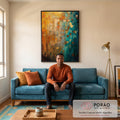 Quadro Decorativo Laranja e Verde Sofisticado em sala de estar moderna - quadros decorativos para sala