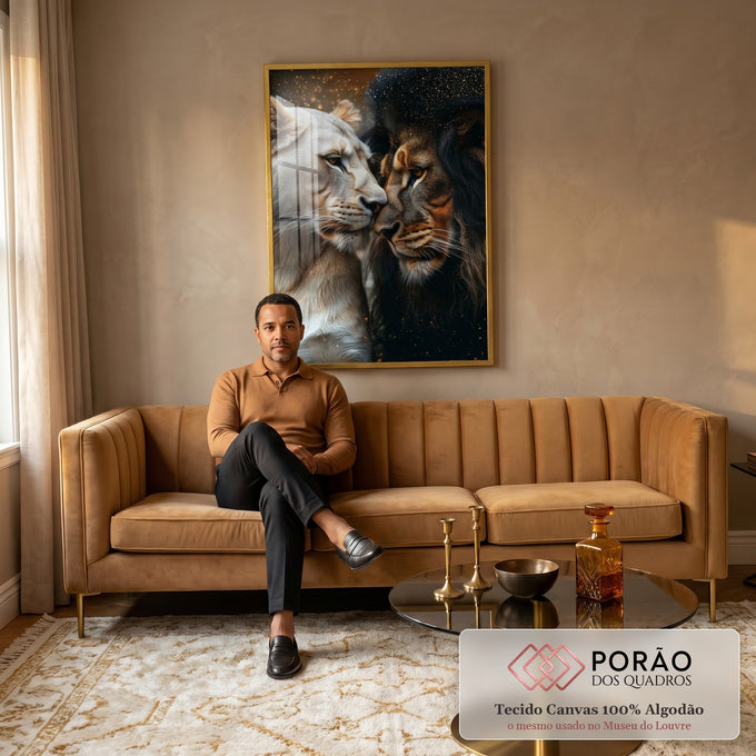 Quadro Decorativo Casal de Leões Força e Pureza em Harmonia em sala de estar moderna - quadros decorativos para sala